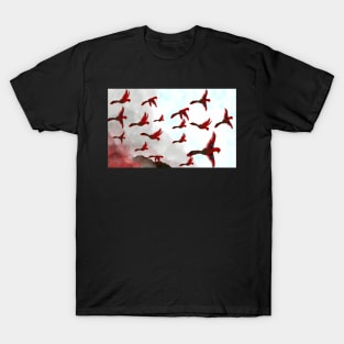 Red Parrots Flying Smoke T-Shirt